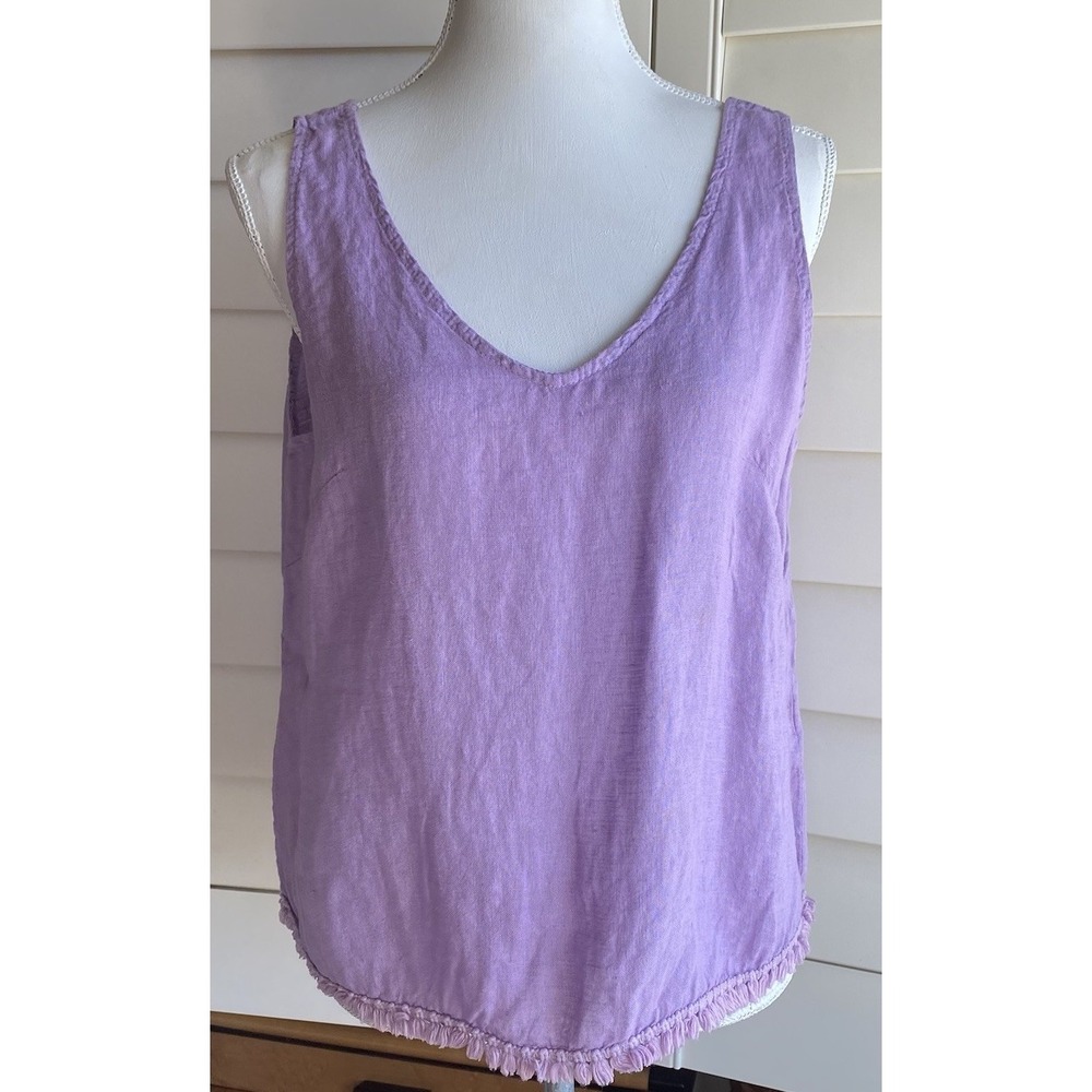 Mulaya 100%‎ Linen Lavender Double V Neck Tank Top Italy Fringe Hem Women L Boho